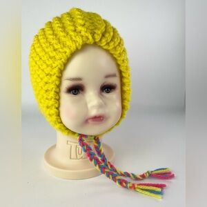 Hand Knitted Hand Made Baby Infant Bonnet Hat Yellow w/ Pink & Blue Braided Ties